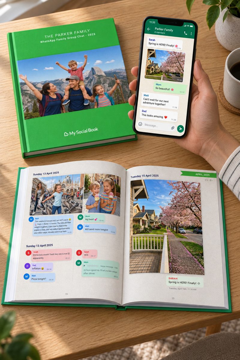 A hand holding a phone with a family WhatsApp chat, next to the printed book of the same chat